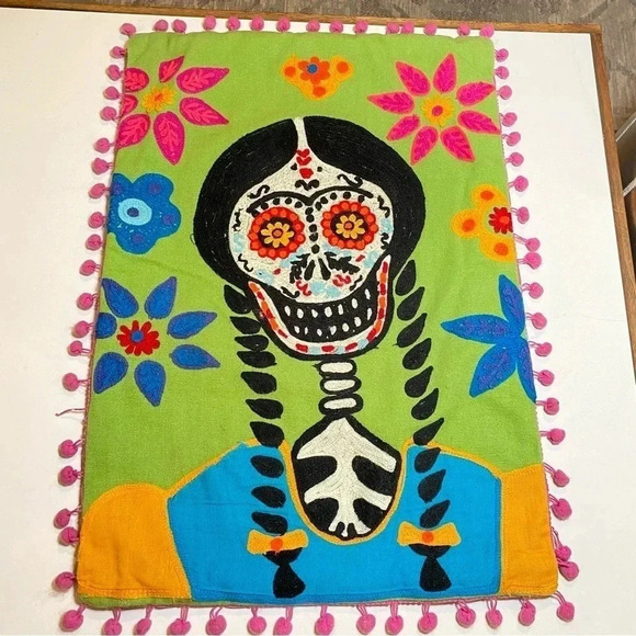 Freda Sugar Skull Braids Embroidered Pillow Cover Shabby Day Of Dead 13 x 19 In. - Picture 1 of 15